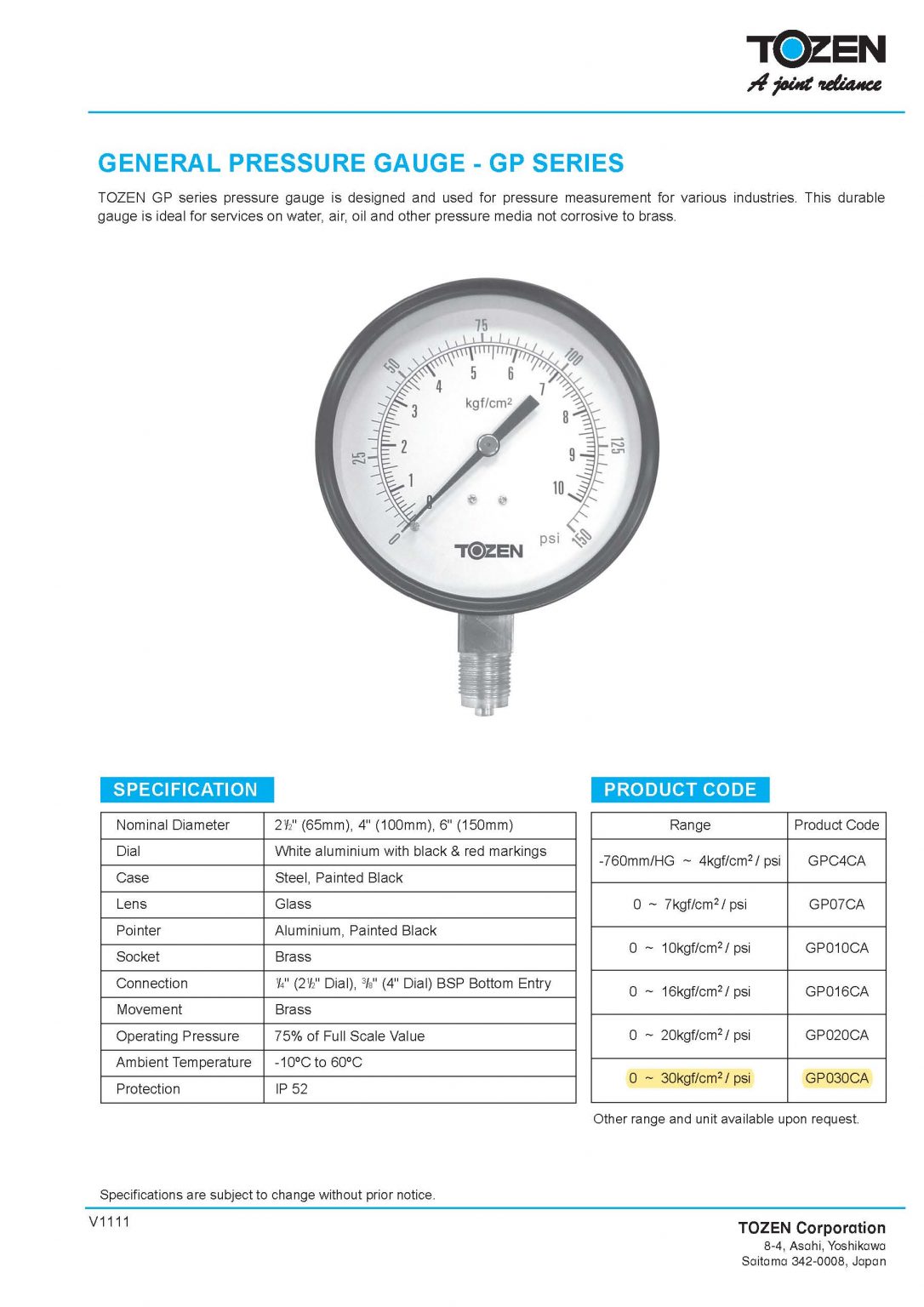 GENERAL PRESSURE GAUGE GP SERIES Tozen